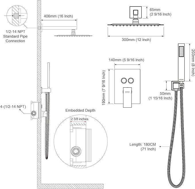 Shower System Shower Faucet Set with Push-Button Diverter and Wall Supply Elbow 12 Inch Shower Head Matte Black