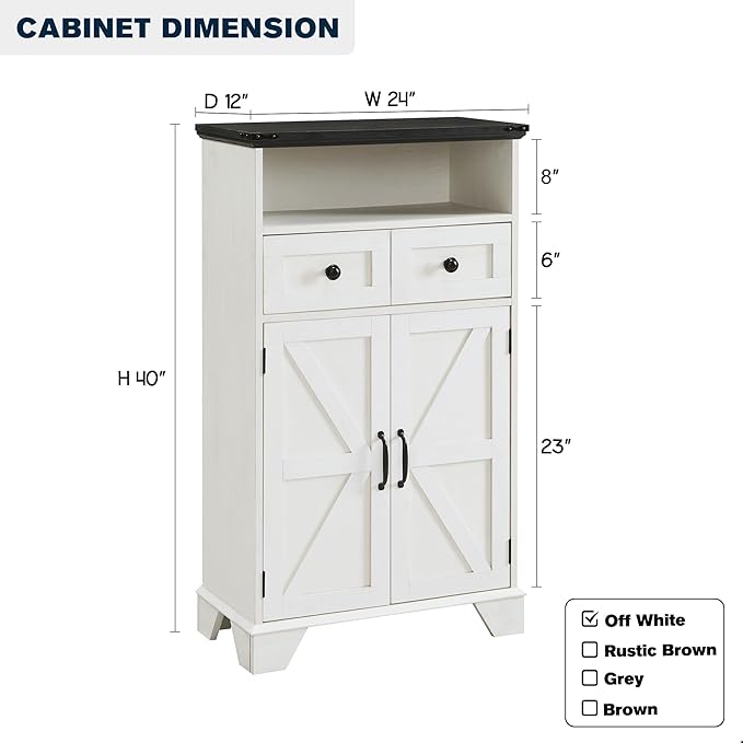 ACCOHOHO Bathroom Floor Cabinet, Farmhouse Storage Cabinet, 24" Wide Cabinet with Drawer, Adjustable Shelf, Barn Doors, Cabinets for Bathroom, Kitchen, Living Room, Off White
