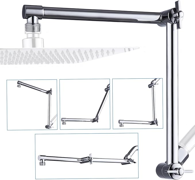 G-Promise 16 Inch Shower Head Extension Arm, Solid Brass Height & Angle Adjustable Extender, Rise or Lower Rainfall and Fixed Shower Head (Chrome)