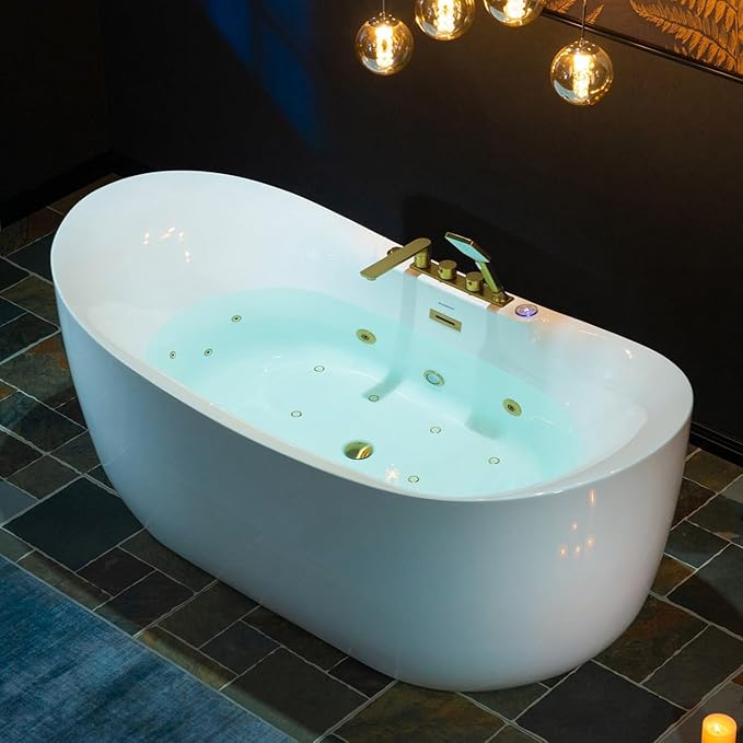 WOODBRIDGE 72" x 35-3/8" Whirlpool and Air Bath Heated Soaking Combination Tub with Adjustable Speed Air Blower and Display Control Panel, Brushed Gold Finish Trim and Drain Kit, BG400+F0045BG