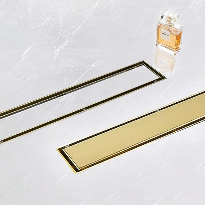 Linear Shower Drain, 24 inch Gold Drain with Tile Insert 2-in-1 Panel, Brushed 304 Stainless Steel Gold Shower Floor Drain, Linear Drain with Hair Strainer and Adjustable Feet