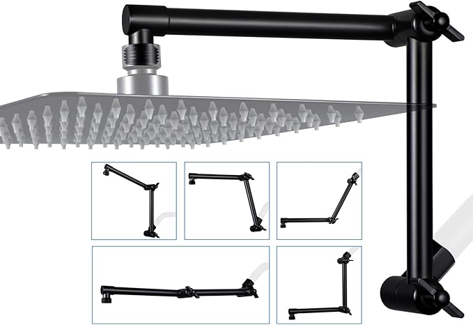 G-Promise 13 Inch Shower Head Extension Arm, Solid Brass Height & Angle Adjustable Extender, Rise or Lower Rainfall and Fixed Shower Head (Matte Black)