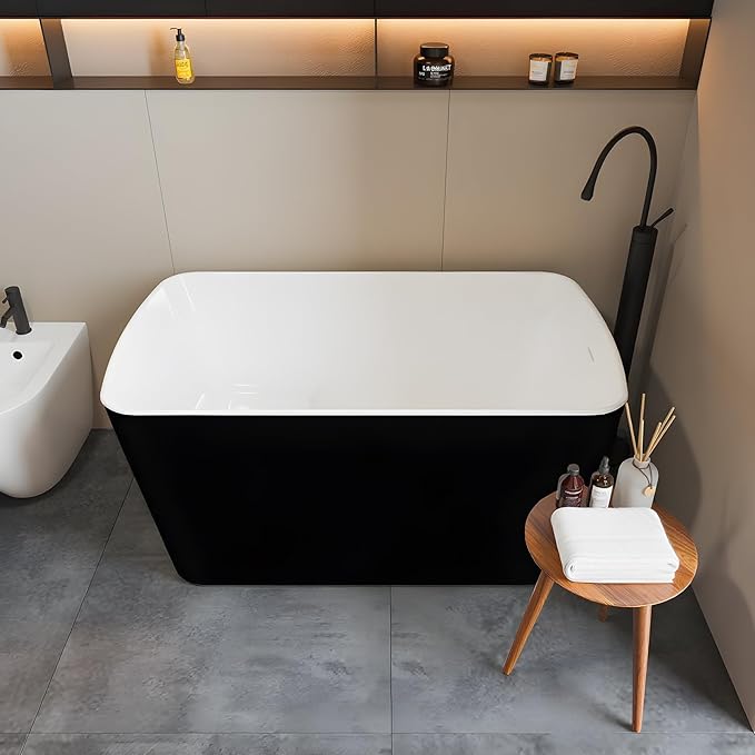 49‘’ GarveeHome Acrylic Freestanding Bathtub, Deep Soaking Stand Alone Tub, black exterior and white interior, Comfortable Small Space Tub with Chrome Overflow and Drain, Easy to Install
