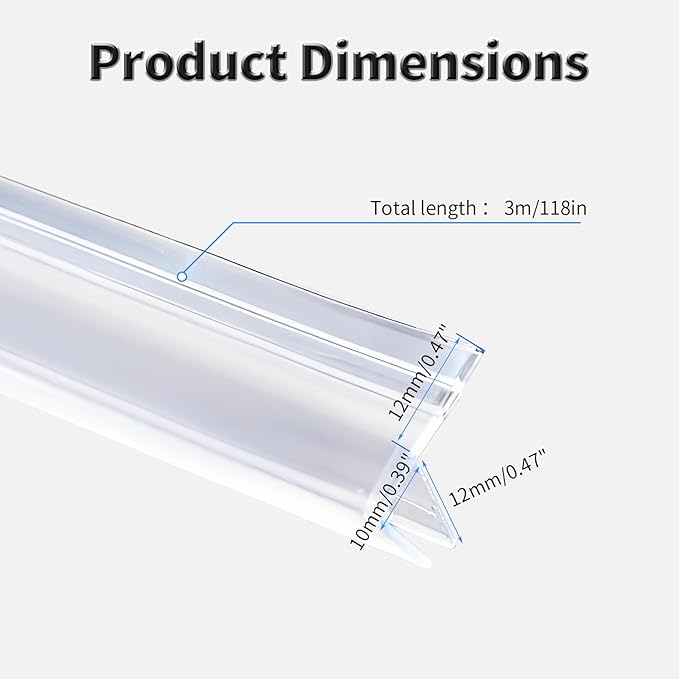 Shower Door Side Seal Strip,118 Inch F-Type Frameless Shower Door Seal, F-Type Shower Door Sweep for 3/8"(10mm) Thick Glass