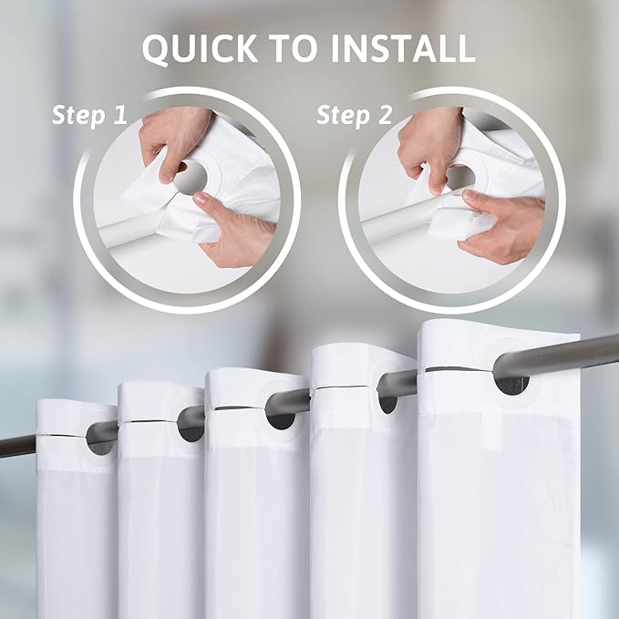 Furlinic Extra Wide No Hook Shower Curtain,96 Inch Width White Fabric Shower Curtains with 12 Plastic Built-in Hooks,Waterproof & Machine Washable Hotel Style for Bathroom,96x72 Inch