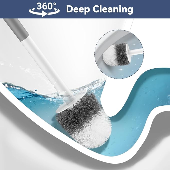 Toilet Brushes, 2 Pack Toilet Brush and Holder Set with Nylon Bristles Toilet Bowl Brush Compact Hidden Scrubber Brushes for Bathroom Deep Cleaning, Grey & White
