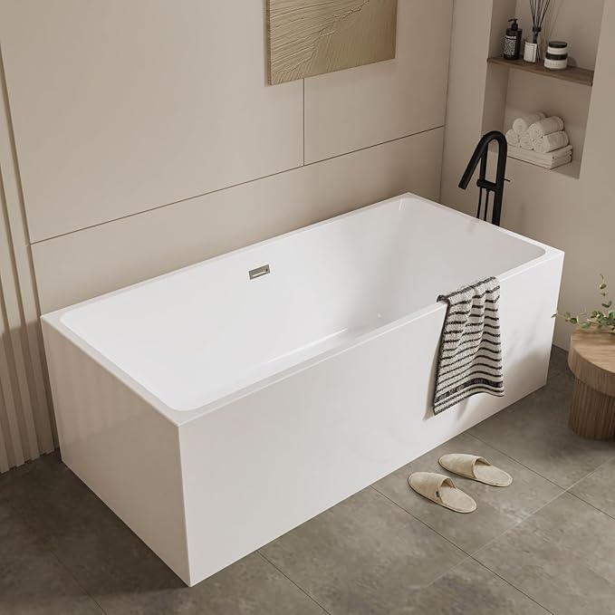 67" Acrylic Free Standing Bathtub, White Contemporary Soaking Tub with Chrome Overflow & Drain, Easy to Install Modern Bath Tub