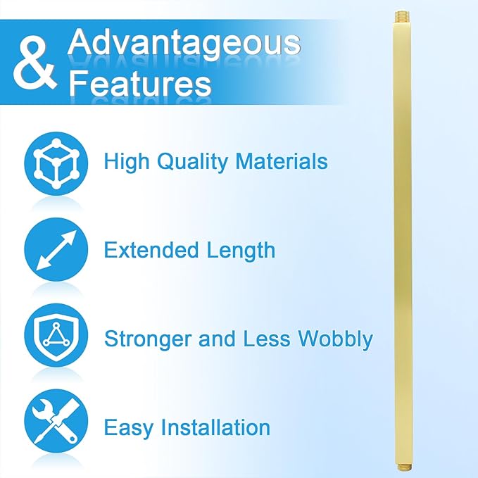 Shower Arm with Flange 24 Inches Ceiling Mount Square Straight Extender Extension Pipe Replacement, Extra Long Shower Arm For Fixed Rain Shower Head or High Ceiling,Brushed Gold