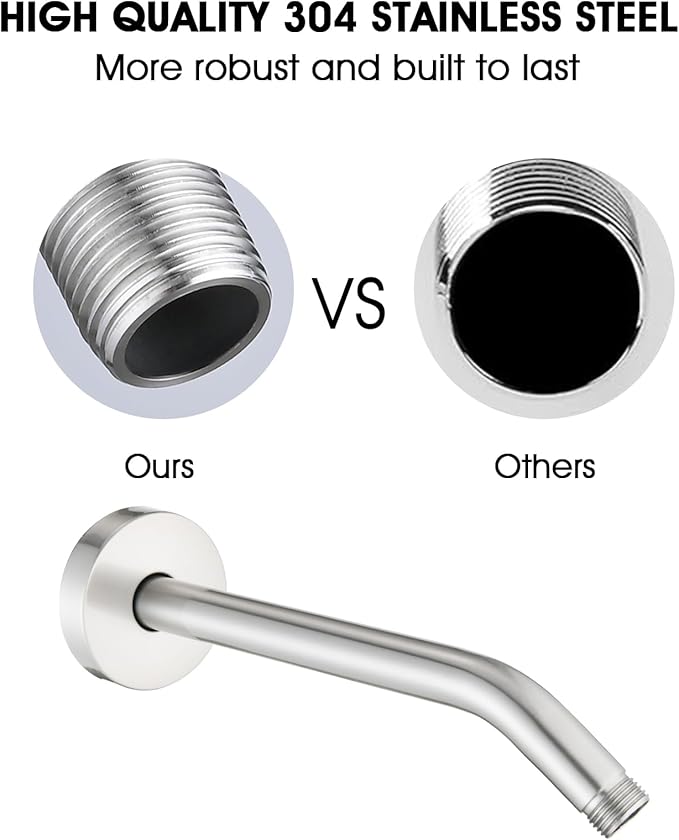 10 Inch Shower Arm with Flange and Stabilizer Bracket, Wall Mounted Shower Pipe Arm 304 Stainless Steel For Fixed Shower Head & Handheld Showerhead, Brushed Nickel