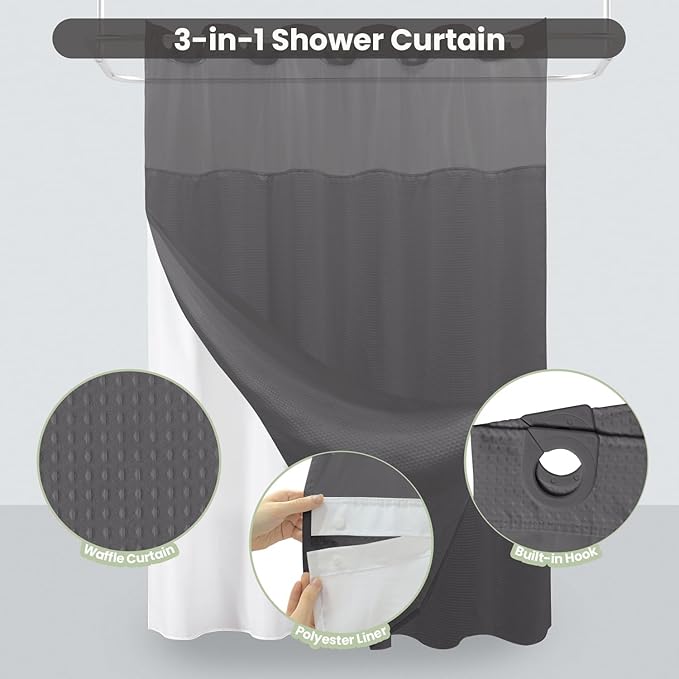Inhousolu Extra Long No Hook Shower Curtain with Snap in Fabric Liner Set Waffle Weave 230GSM Weighted Hem, Waterproof & Washable Bathroom Curtain Spa with Mesh Top Window 72" W x 84" L Graphite Grey