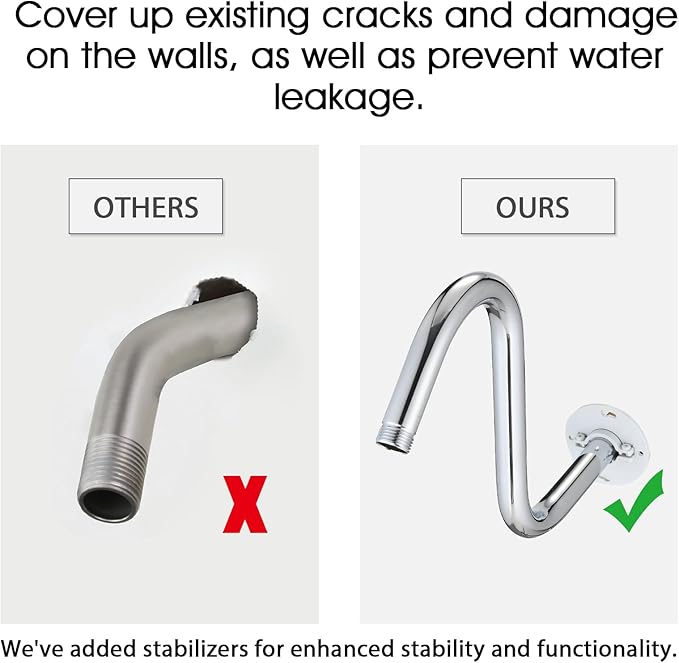 Shower Head Arm 10 Inch Chrome, S Shaped Shower Head Extender Arm with Flange and Stabilizer