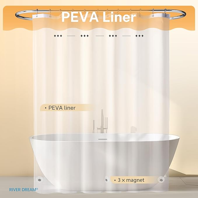 River Dream Extra Long Waffle 3 in 1 Shower Curtain Set, White Fabric Shower Curtain and Clear Liner Set with Double Sided Hooks, Waterproof, 72" W*84" H
