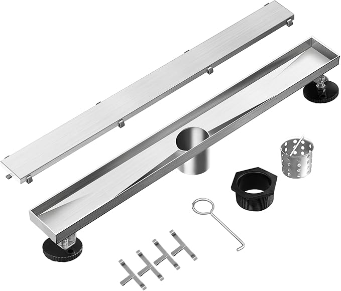 Linear Shower Drain, 48 inch Drain with Tile Insert 2-in-1 Panel, Brushed 304 Stainless Steel Shower Floor Drain, Linear Drain with Hair Strainer and Adjustable Feet