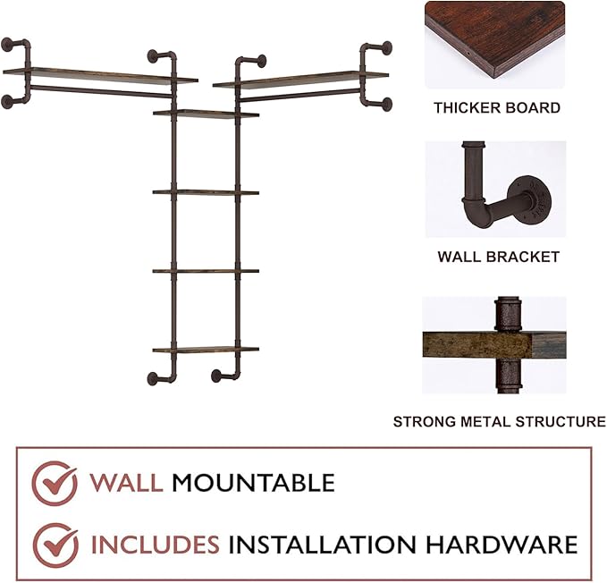 Helsin 5-Tiers 74inch Large Rustic Industrial Pipe Floating Shelving, Wall Mounted Heavy Duty Clothes Rack with Double Hanging Rods Display Storage Rack for Bedroom Organization & Home Décor