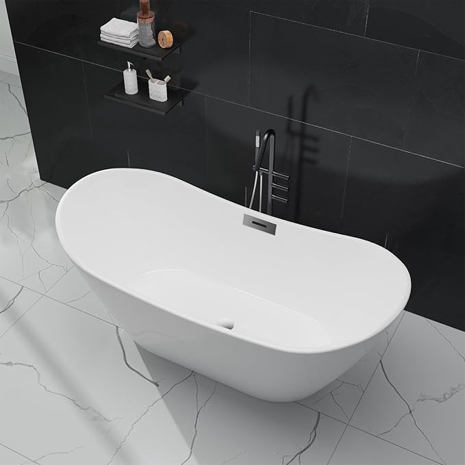 59" Free Standing Tub, Acrylic Freestanding Bathtub, Modern Soaking Tub with Integrated Overflow and Drain, White Bathroom Fixture, Stand Alone Bathtub, CUPC Certified, Gloss White