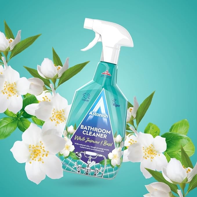 Astonish Streak Free Foaming Bathroom Cleaner Spray Bottle 3 Pack - Deep Cleaning White Jasmine & Basil Scented Spray for Soap Scum, Watermarks & Limescale - Cleaning Supplies, 750 ml Bottle