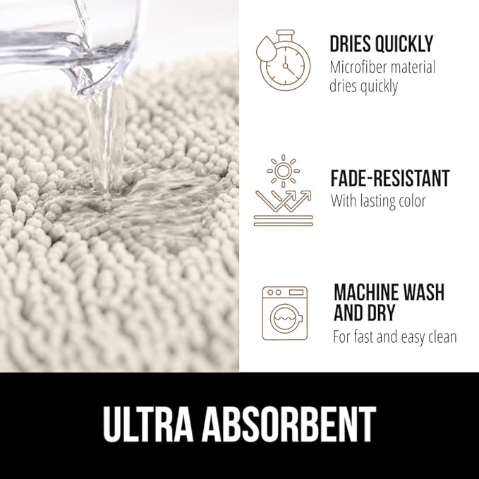GORILLA GRIP Plush Absorbent Shaggy Chenille Bath Rug Mat for Oval Toilet Base with Rubber Backing, Machine Washable Rugs, Soft Microfiber Contour Mats for Toilets, Bathroom Decor, Ivory