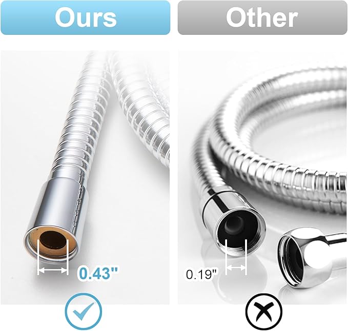 OFFO Shower Hose High Flow 0.43” Large Bore, 100 in Kink Free Stainless Steel Shower Head Hose Replacement Universal G1/2”, Leak-proof Extra Long Flex Handheld for Pet Bathing Cleaning, Chrome