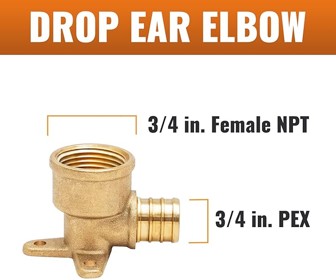 SUNGATOR 2-Pack 3/4" Pex Drop Ear Elbow, No Lead Brass, 3/4 Inch Pex Fittings