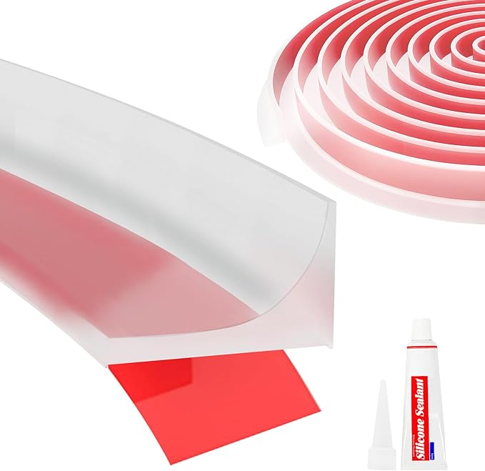 Shower Threshold Water Dam Barrier 98", Silicone Sealant Included, Collapsible Self-Adhesive Water Blocker, Shower Door Water Stopper for Floor Bathroom Kitchen Bathtub Sink