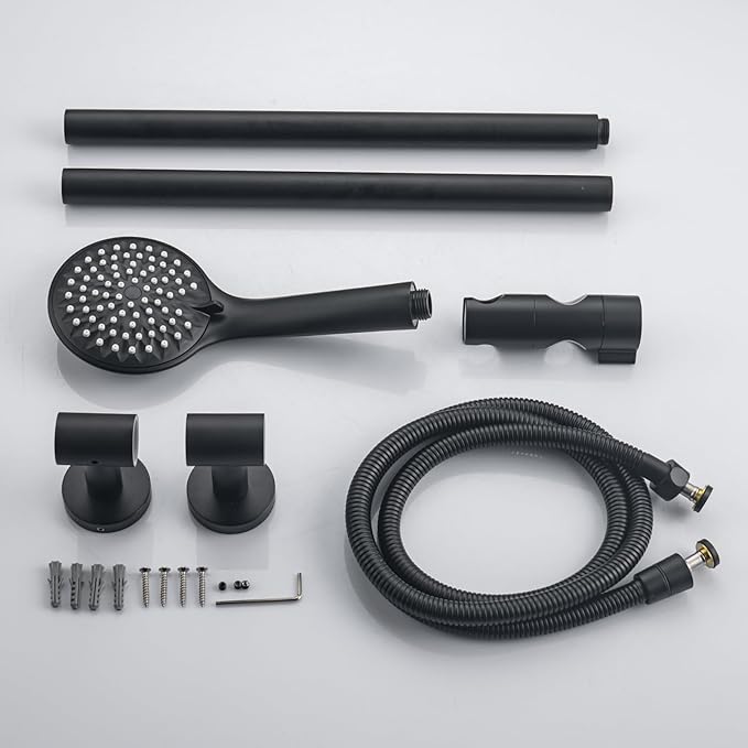 Adjustable Shower Slide Bar with 5-Function Handheld Shower Head, Stainless Steel Grab Slide Bar Combo with Extra Hose (Matte Black)