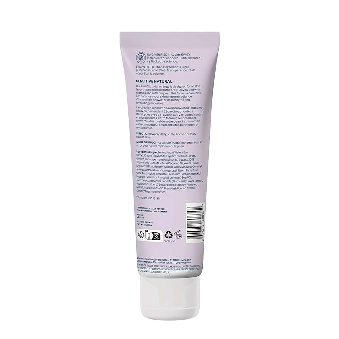 ATTITUDE Body Lotion for Sensitive Skin with Oat, EWG Verified, Dermatologically Tested, Vegan, Sweet Jasmine Scent, 8 Fl Oz