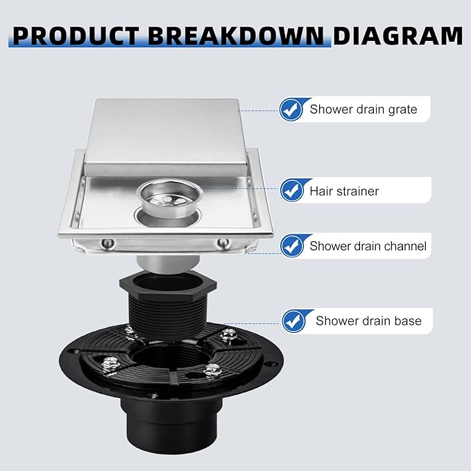 morefine Square Shower Floor Drain with Flange, Shower Drain 6 inch with 2 in 1 Tile-Insert Cover, SUS 304 Stainless Steel, Brushed Nickel
