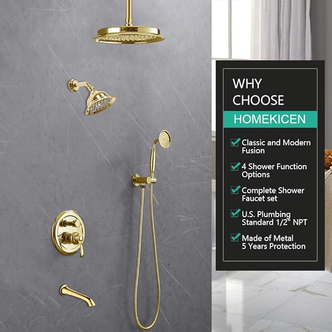 Dual Antique Shower Head System with Tub Spout: 9" Ceiling Mounted Rain & 6" Wall Mount Rainfall, Handheld Spray Vintage Faucet Set, 4 Way Diverter Brass Valve with Trim Kit, Gold