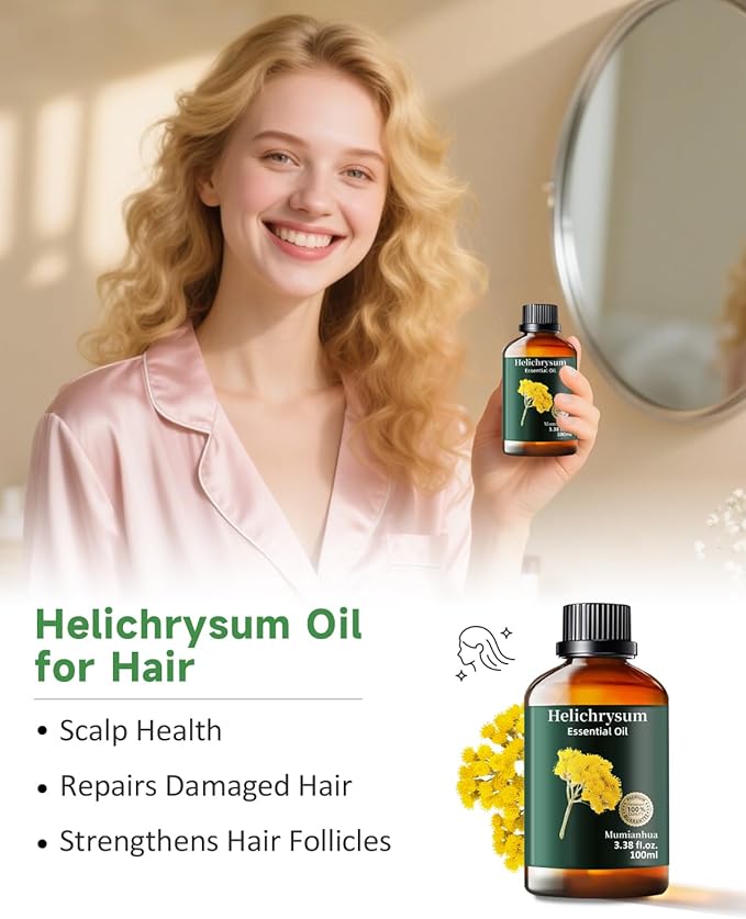 Helichrysum Essential Oil Pure, Mumianhua Natural Helichrysum Oil for Reed Diffusers, Home Humidifiers, Skin, Hair, Massage, DIY, Self-Care, Aromatherapy, Soap, Candle Making 3.38 Fl oz