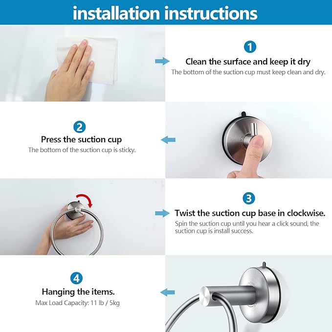 DGYB Suction Cup Hand Towel Ring Brushed Nickel Hand Towel Holder for Bathroom Wall SUS 304 Stainless Steel Kitchen Towel Hanger
