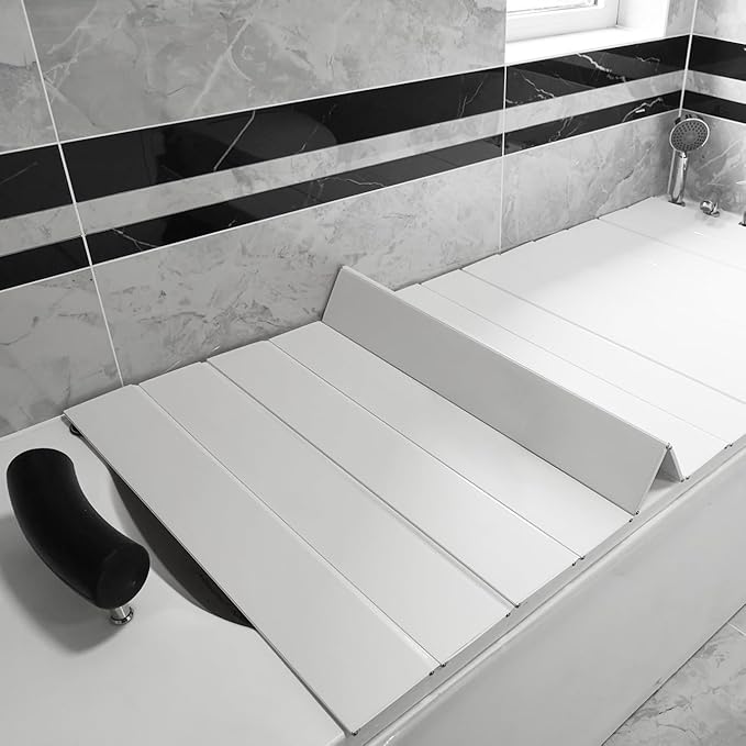 Adjustable Foldable Dust-Proof Bathtub Cover White,Waterproof Shutter Bathtub Tray & Laptop Desk 2 in 1 Fits Most Tubs,Modern Bath Tub Racks for Home (107x178CM(42"x70"), 0.47in Thick)