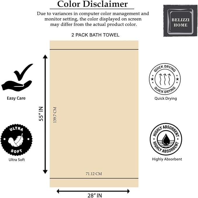 Elvana Home Cotton 2 Pack Oversized Bath Towel Set 28x55 inches, Large Bath Towels, Ultra Absorbant Compact Quickdry & Lightweight Towel, Ideal for Gym Travel Camp Pool - Light Grey