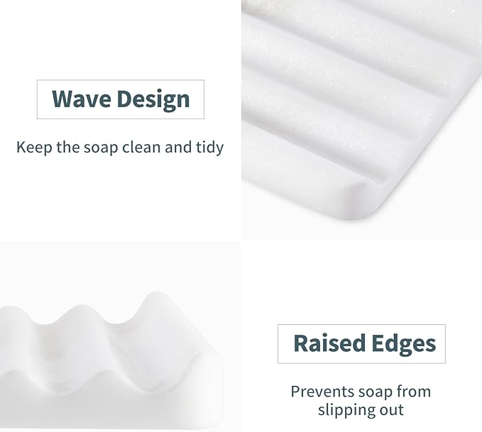 2 Pcs Soap Holder for Bathroom, Marble Soap Dish for Kitchen Countertop, Soap Tray with Creative Wavy Design, Soap Saver for Bath Tub, Sponges, African Natural Stone(Namib Bianco)