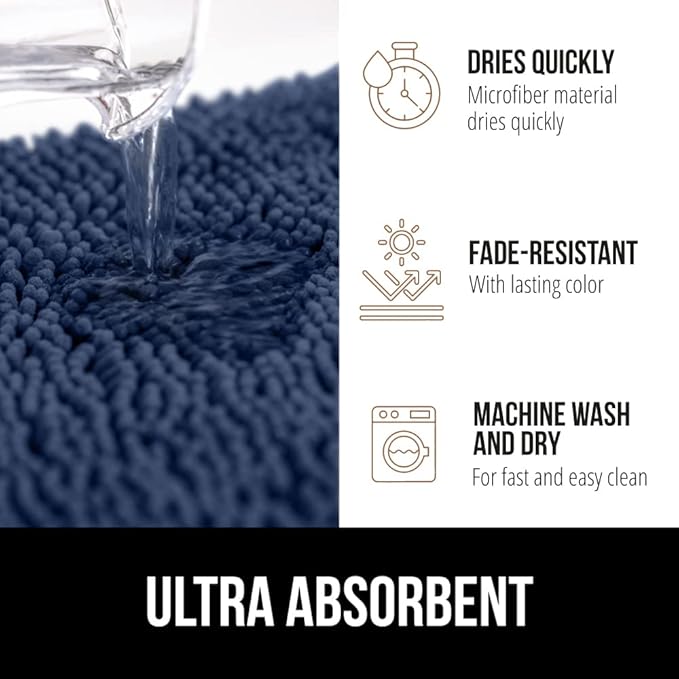 GORILLA GRIP Bath Rug Mat 60x24, Soft Absorbent Chenille, Quick Dry Microfiber Mats, Rubber Backing Washable Shower Floor Rugs, Bathmat Runner, US Designed Bathroom Home Decor Accessories Navy Blue