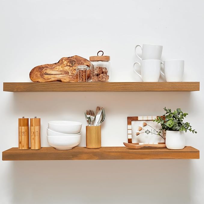 Homeforia 36 inch Golden Oak Floating Shelf, High End Solid Real Wood 36inch Small Floating Shelves for Wall Mounted, Oak Wooden 36in Floating Shelves, Heavy Duty Bracket, 36 X 6.5 X 1.75 in, Set of 2