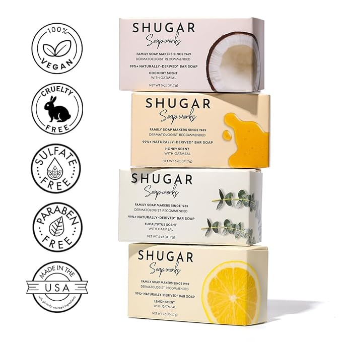 Shugar Soapworks Oatmeal & Lemon Verbena 5 oz Beauty Bar Soap 8-Pack | Plant-Based Vegan Formula | Sulfate & Paraben Free | Gentle Exfoliating Cleanser with Finely Ground Oatmeal Flakes