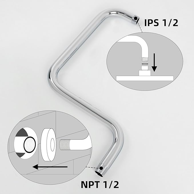 13 Inch S shaped Shower Arm,Stainless Steel Wall-Mounted High Rise Shower Head Extension Arm with Flange，Chrome,10Z1MK