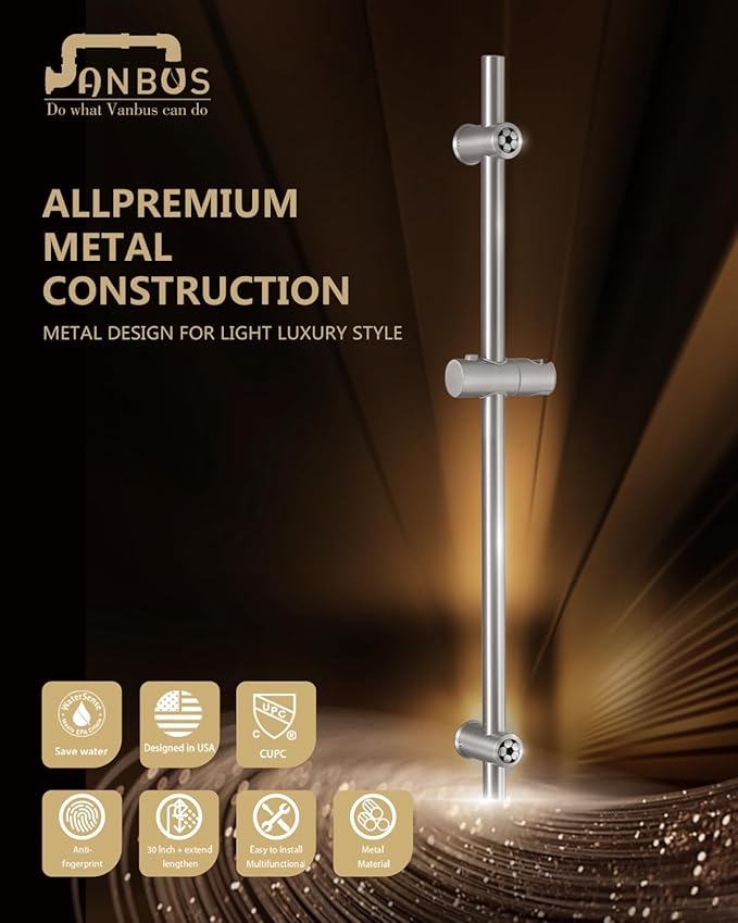 Brushed Nickel Shower Slide Bar 32 Inch with Height/Angle Adjustable Handheld Shower head Holder, Bathroom SUS 304 Stainless Steel Wall-Mounted for Bath