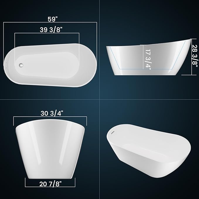 59 in Acrylic Freestanding Bathtub, Contemporary Stand Alone Tub,Glossy White Soaking Tub, with Chrome Overflow and Drain, CUPC Certified