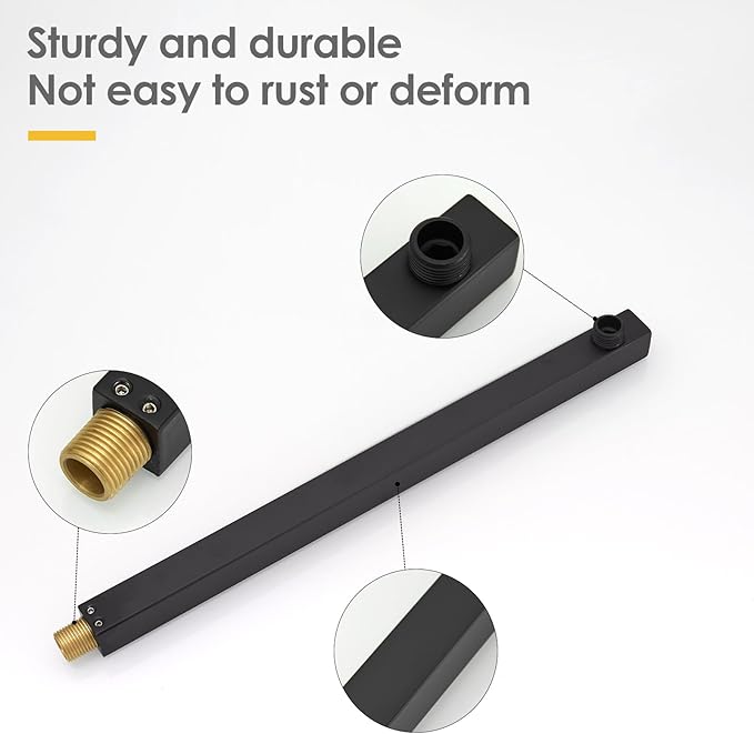 BESy 20 Inches Straight Extended Shower Arm With Flange, Rain Shower Head Extension Arms, Square Rod Head Extender Shower Pipe Extension, Wall-Mounted Matte Black Stainless Steel