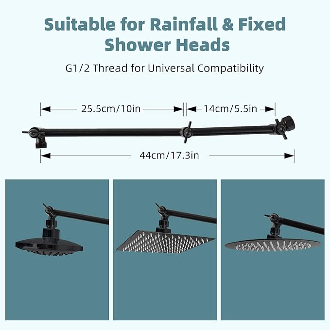 iFealClear All Metal 16" Shower Head Extension Arm, Solid Brass Shower Head Extender Adjustable Height Angle, G1/2 Universal Connection Stainless Steel Rain Shower Pipe, Lock Joint, Oil Rubbed Bronze