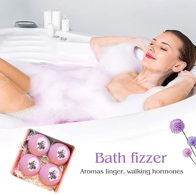 Dried Flower Bath Bombs Salt Balls,4-Pack Gift Set,Lavender Extract Essential Oils,Moisturizing Dry Skin,Fizzy Spa,Relaxation,Self Care,Relaxing,Bubble Bath Bomb Gifts Idea for Men Women
