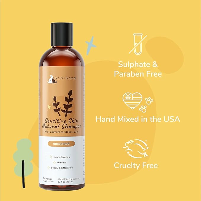 kin+kind Oatmeal Shampoo for Dogs & Cats – Natural Anti Itch Pet Shampoo for Sensitive Skin with Colloidal Oatmeal, Coconut Oil & Olive Oil – Moisturizing Oatmeal Bath for Dry, Itchy Skin – 12 fl oz
