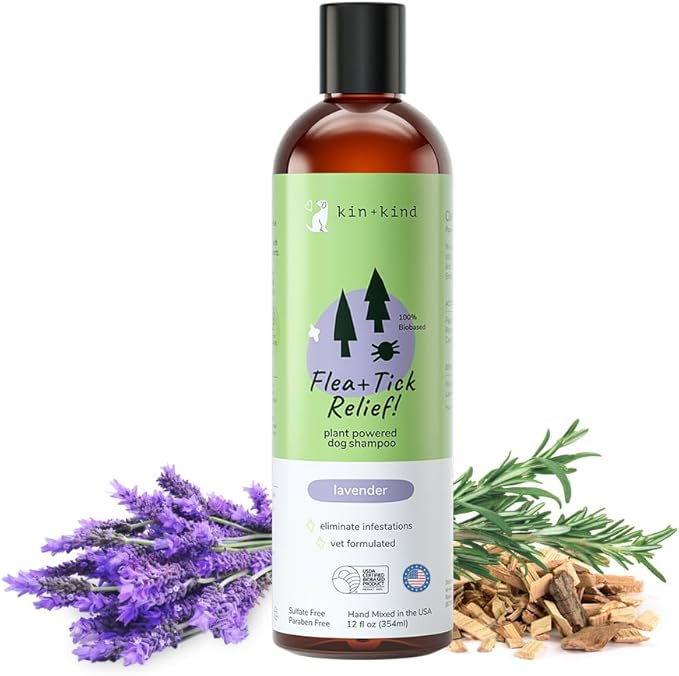 kin+kind Flea and Tick Shampoo for Dogs Vet Formulated - Plant Powered, Safe and Effective Dog Shampoo with Coconut and Olive Oil - Lavender Scent - Prevent Fleas and Ticks - Made in USA 12 fl oz