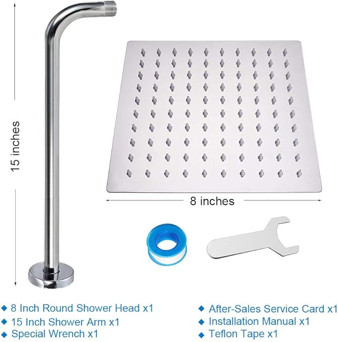 NearMoon Square Rain Shower Head With Extension Arm, Large Stainless Steel Rainfall Shower-Waterfall Full Body Coverage (8 Inch, Chrome)