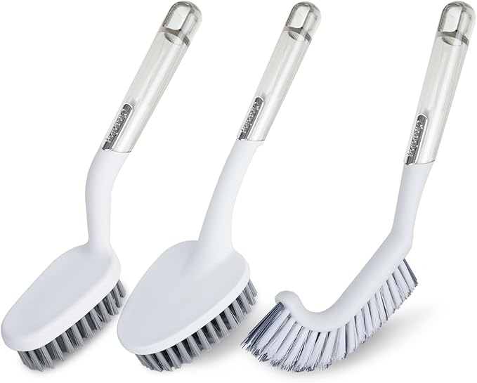 3 Pack Heavy Duty Bathroom Scrub Brush with Long Handle, Stiff Bristles Grout Brush, Scrub Brushes for Cleaning Bathroom, Shower, Tile, Tub, Carpet, Kitchen, Sink (Crystal Gray)