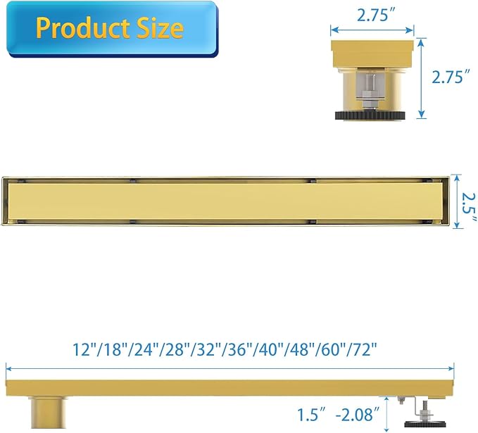 Linear Shower Drain, 18 inch Gold Drain with Tile Insert 2-in-1 Panel, Brushed 304 Stainless Steel Gold Shower Floor Drain, Linear Drain with Hair Strainer and Adjustable Feet