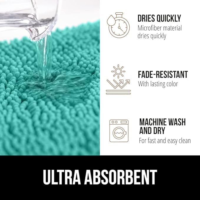 GORILLA GRIP Bath Rug Mat 30x20, Soft Absorbent Chenille, Quick Dry Microfiber Mats, Rubber Backing Washable Shower Floor Rugs, Bathmat Runner, US Designed Bathroom Home Decor Accessories Turquoise