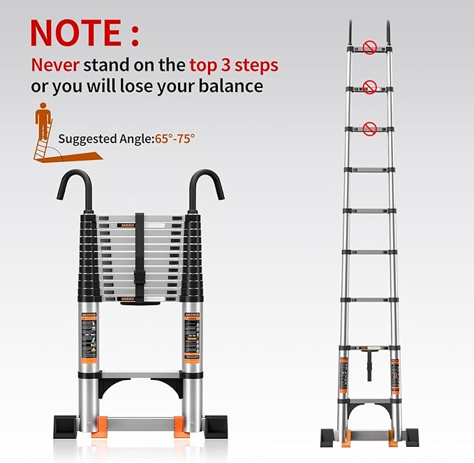 Telescoping Ladder,8.5FT Aluminum Multi-Purpose Collapsible Ladder with Stabilizers and Hooks,Jiashche Portable Extension Ladder for RV or Outdoor Work Silver,330lb Max Capacity