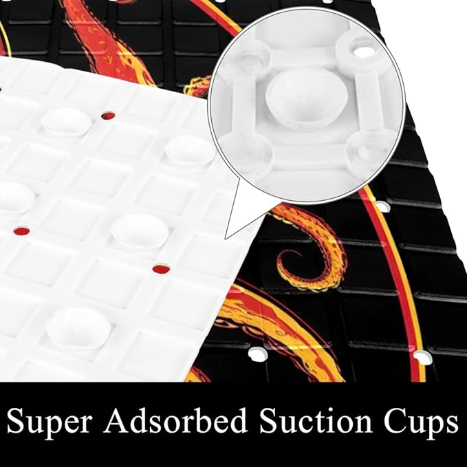 Bathtub Mats for Shower Tub, Anti-Slip Bath Mats for Inside Tub, Bathroom Shower Mats with Drain Holes and Suction Cups (Aesthetic Red and Yellow Octopus Black Background)